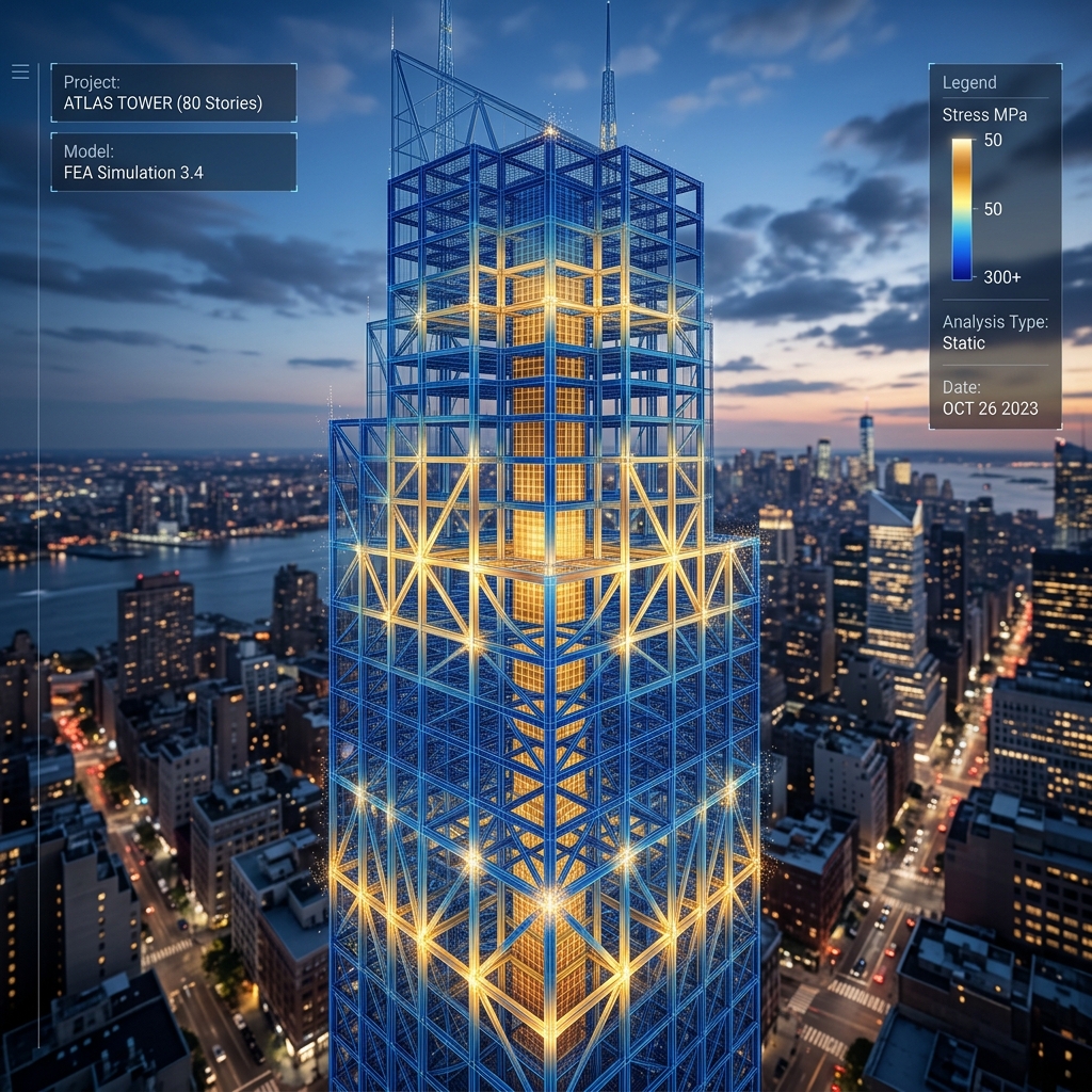 Finite Element Analysis structural grid heatmap render